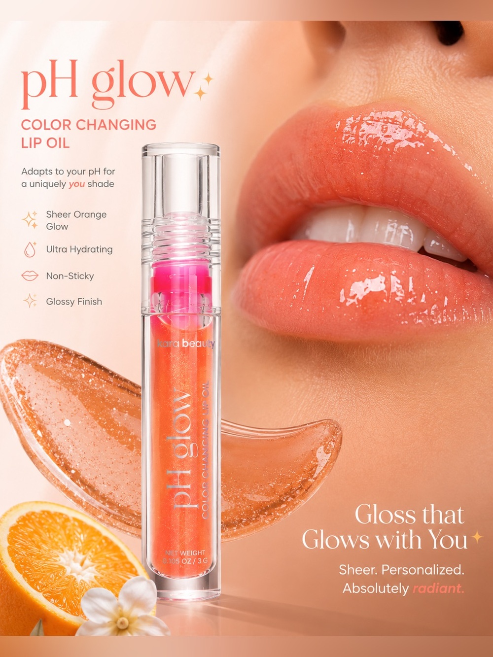 Kara Beauty pH glow Color Changing Lip - Oil Sheer Orange Hydrating Lip Oil